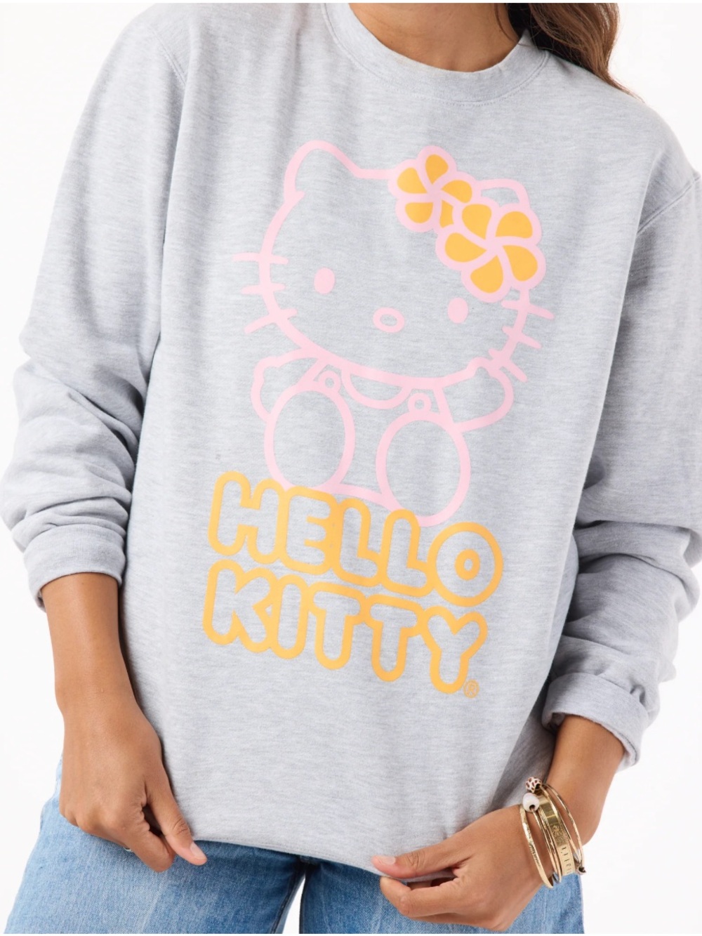 Aloha Collection Hello Kitty Fleece Crewneck Sweatshirt Gray Loungewear Kawaii-L